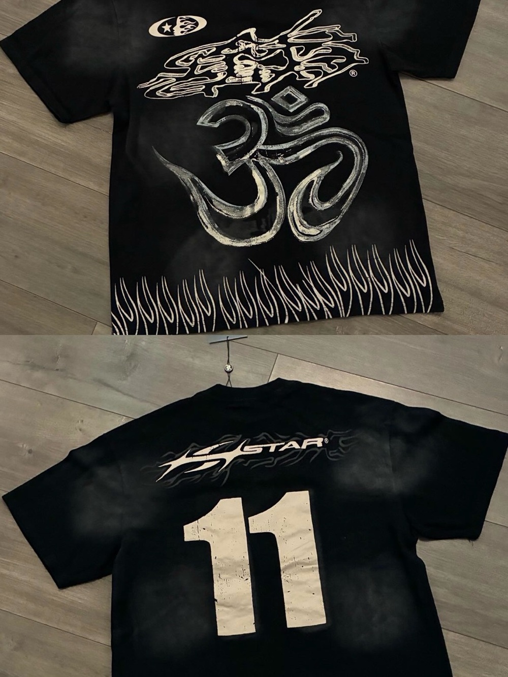 Black Graphic Short Sleeve Kids Tee with White Om & Number 11 - 1Star